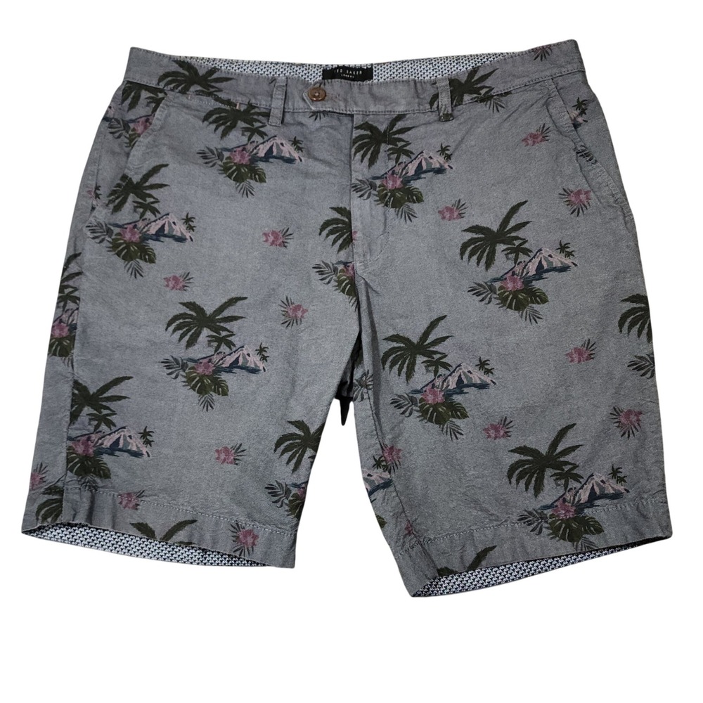 Ted Baker Chino Shorts 36R x9 19" Grey Hawaii Tropical Palm Tree Mountain TROPIS